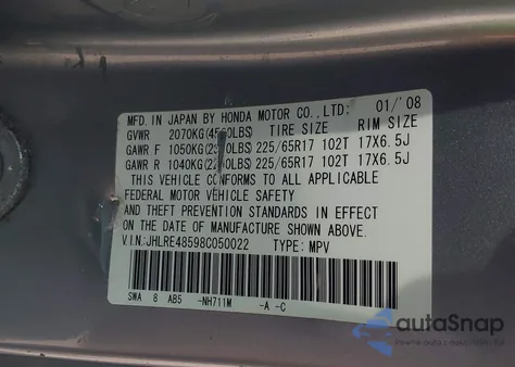 2008 Honda Cr-V Ex z USA, uszkodzony, nr VIN JHLRE48598C050022